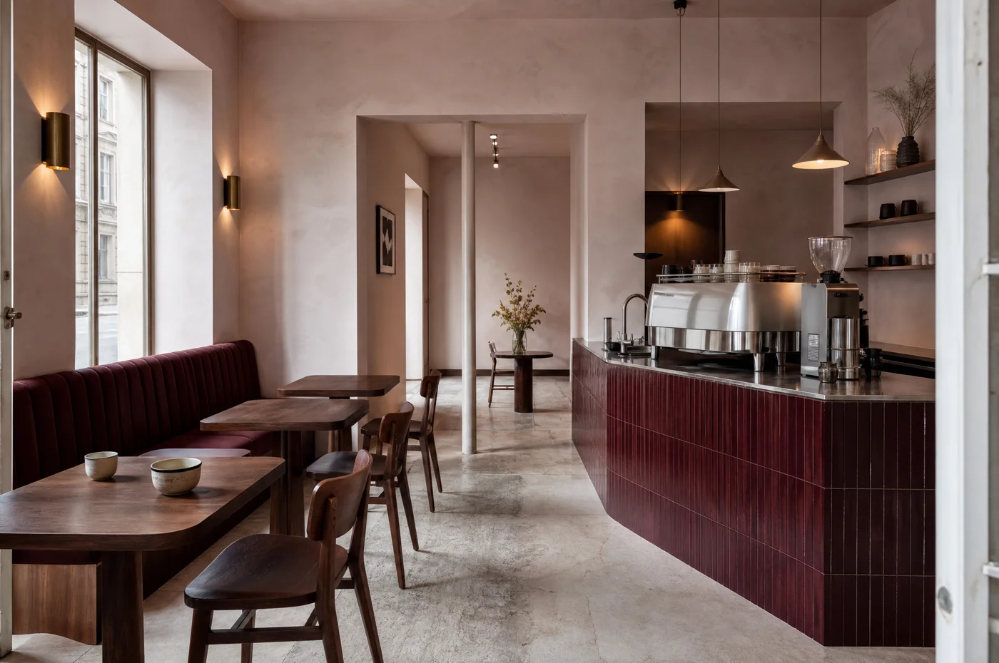 Concept d’intérieur Sillage, banquettes bordeaux et comptoir en bois
